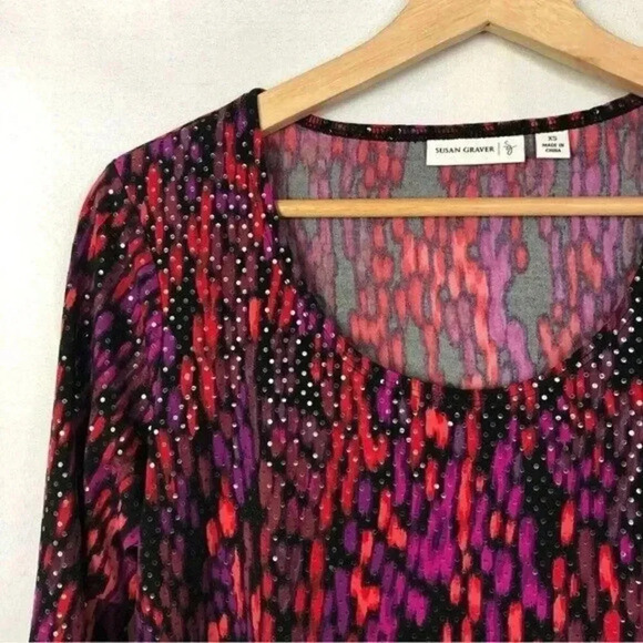 Susan Graver Liquid Knit Pink & Purple Printed Long Sleeve Blouse XS - Picture 3 of 4